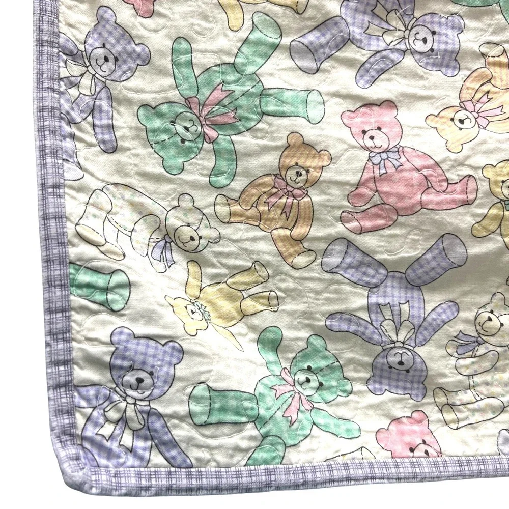 Vintage Handmade Teddy Bear‎ Baby Blanket Quilt Purple Multicolor 52